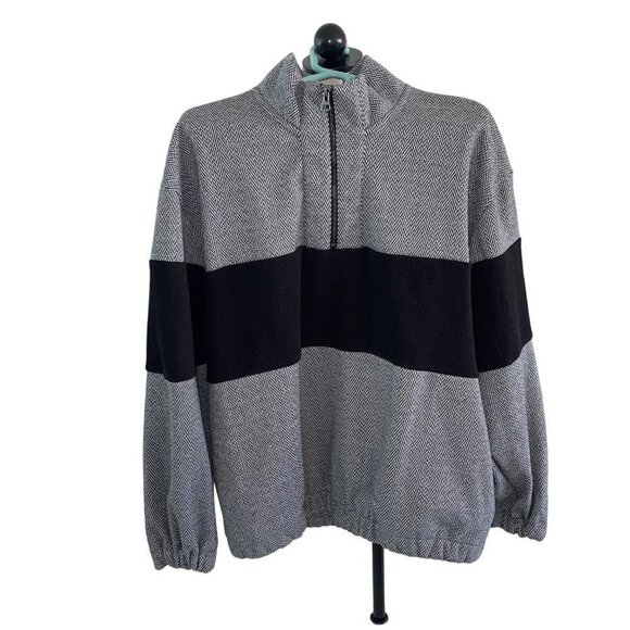 TOPMAN Mens Pullover Jacket Size XL Gray Black Herringbone Fleece Quarter Zip - Picture 1 of 12